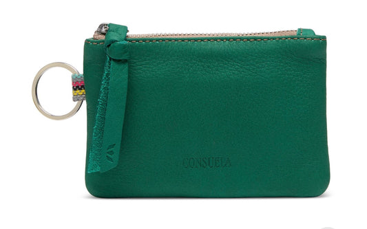 Green leather wallet with key ring on a white background