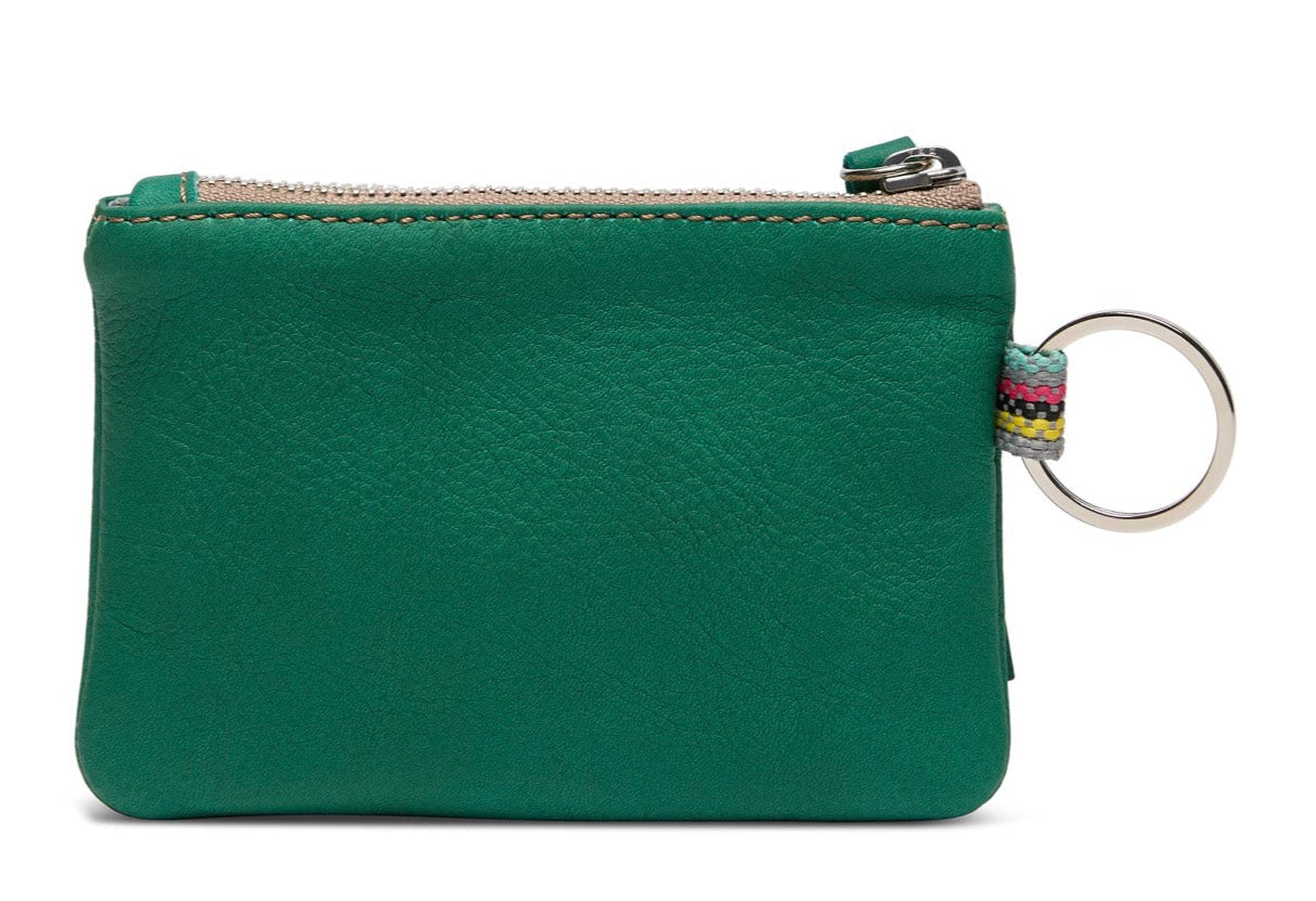 Green leather coin purse with a key ring on a white background