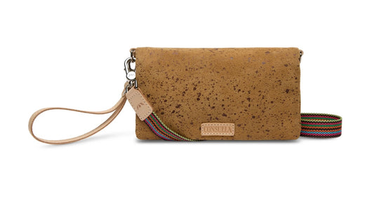 Cork clutch bag with strap on a white background