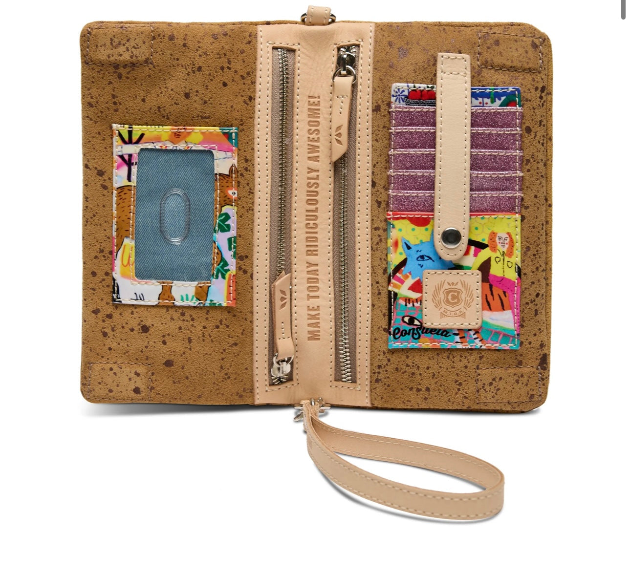 Cork wallet with colorful card holders and a strap on a white background