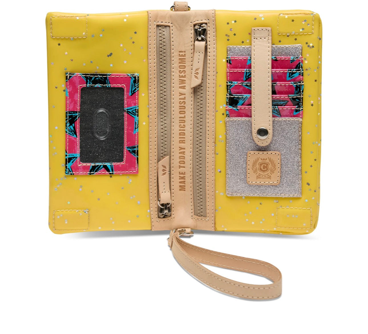 Yellow wallet with floral patterns and a strap on a white background