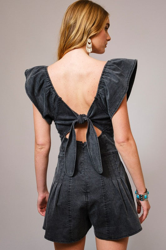 Sweetheart Ruffle Sleeve Denim Romper