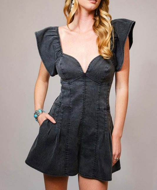 Sweetheart Ruffle Sleeve Denim Romper