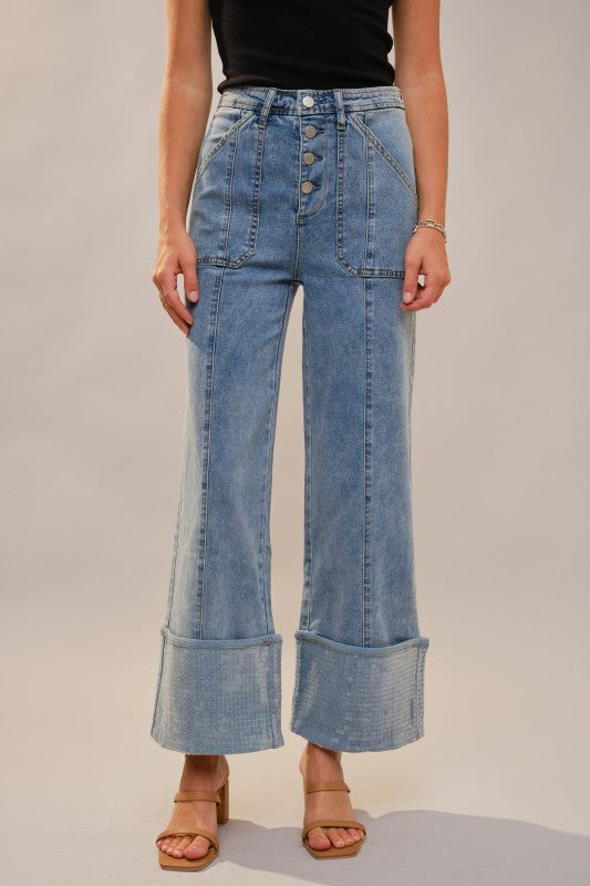 blueB Cuffed Bottom With Sequins Detailed Jeans