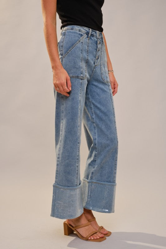 blueB Cuffed Bottom With Sequins Detailed Jeans
