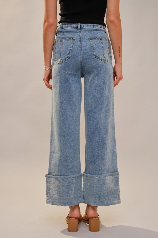 blueB Cuffed Bottom With Sequins Detailed Jeans