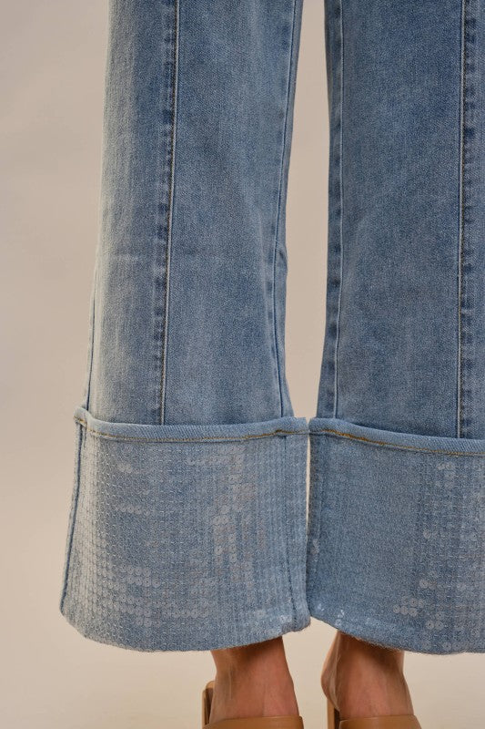 blueB Cuffed Bottom With Sequins Detailed Jeans