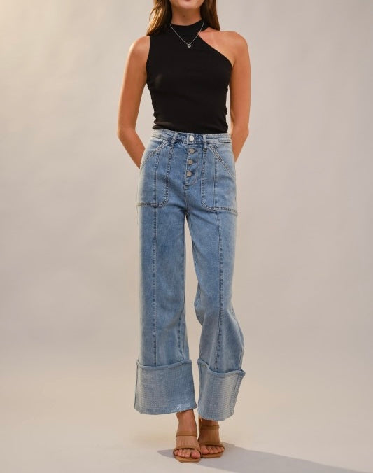 blueB Cuffed Bottom With Sequins Detailed Jeans
