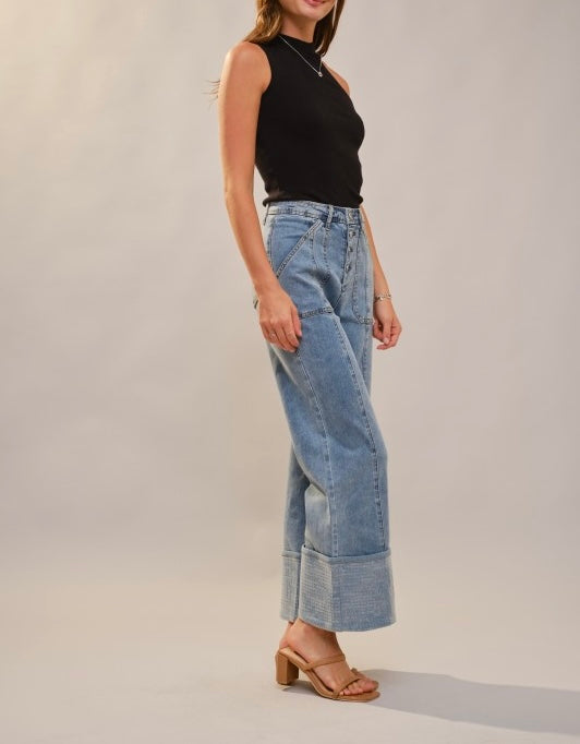 blueB Cuffed Bottom With Sequins Detailed Jeans