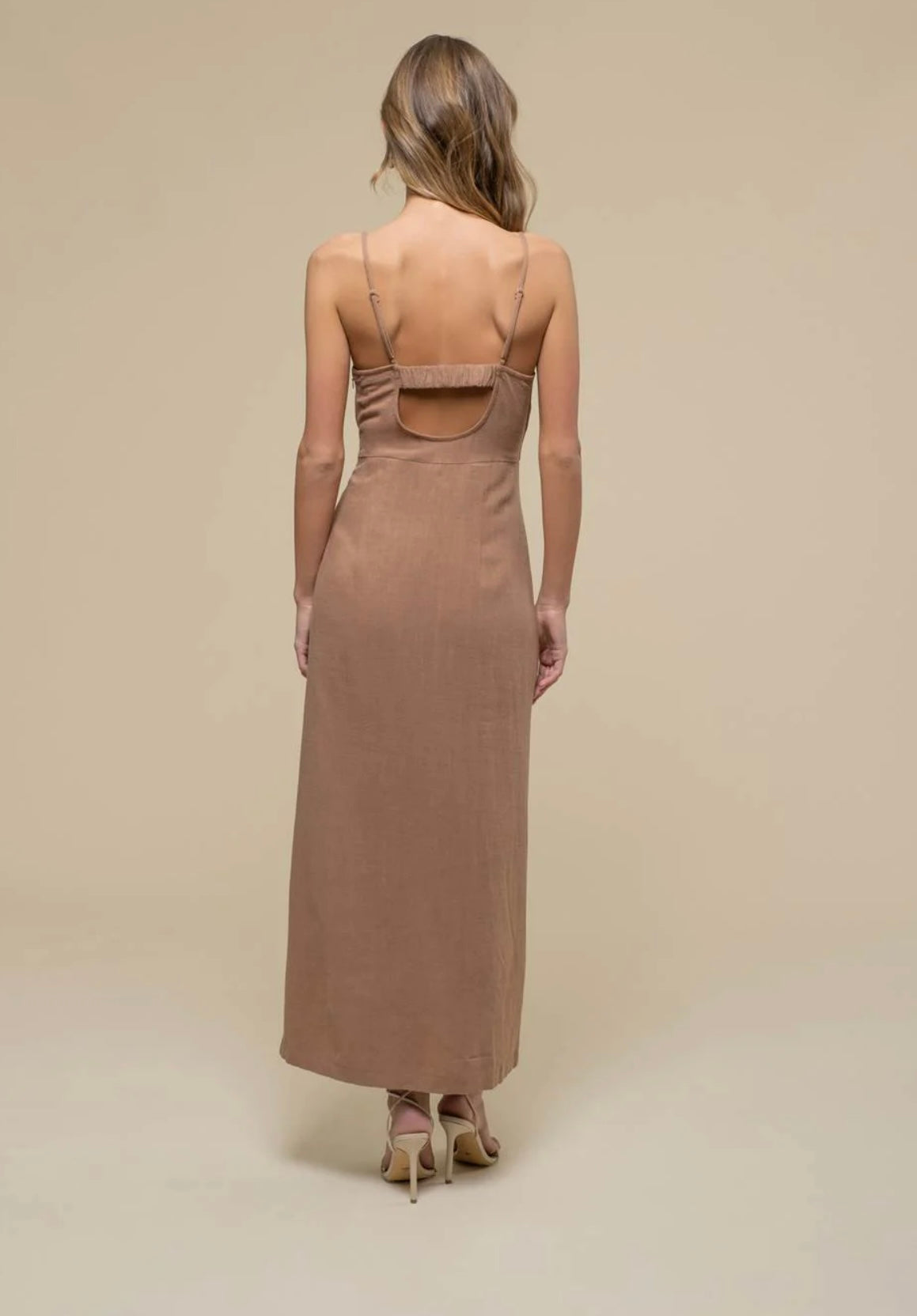 Back Tie Slit Cami Midi Dress (Taupe/Tan)