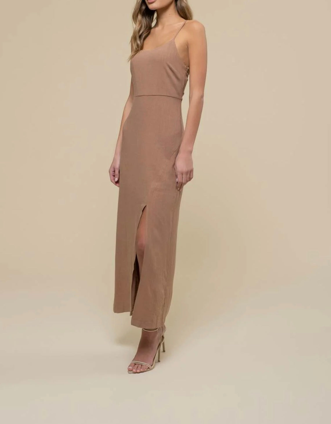 Back Tie Slit Cami Midi Dress (Taupe/Tan)