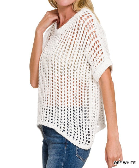 Off White Crochet Knit Cropped Short Sleeve Sweater