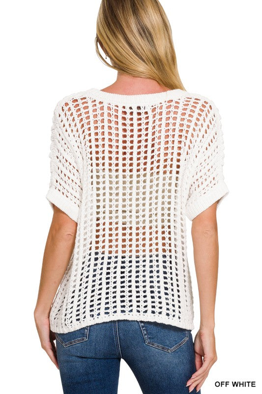 Off White Crochet Knit Cropped Short Sleeve Sweater