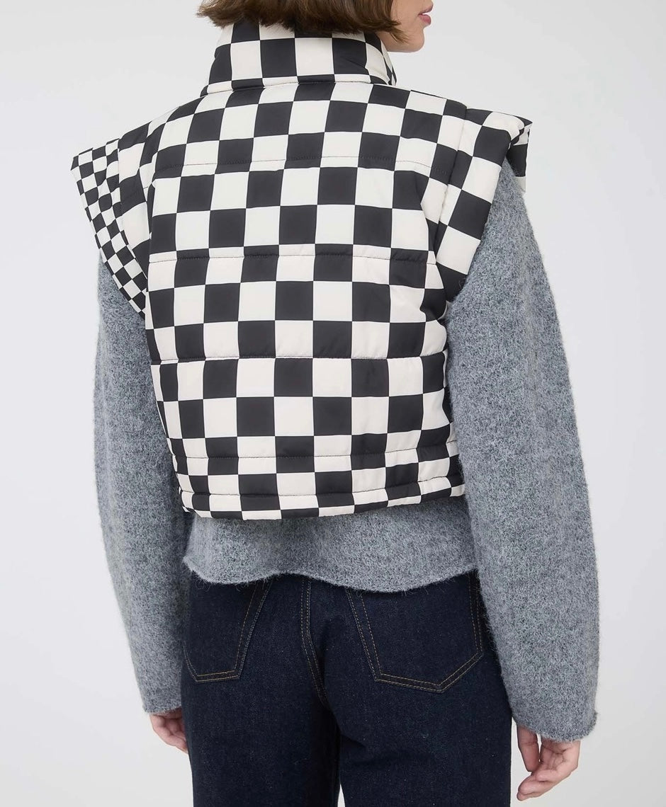 Checkered Cropped Puffer Vest (Black)