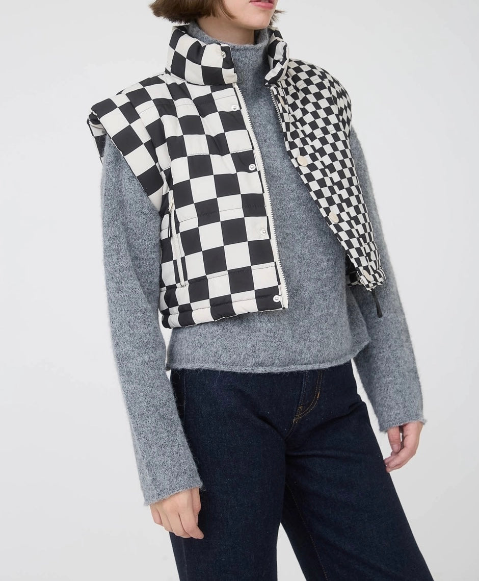 Checkered Cropped Puffer Vest (Black)