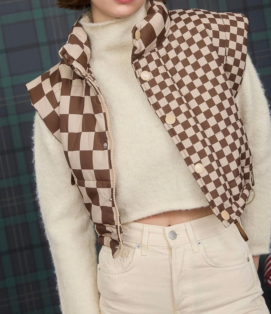 Checkered Cropped Puffer Vest – Brown Beige