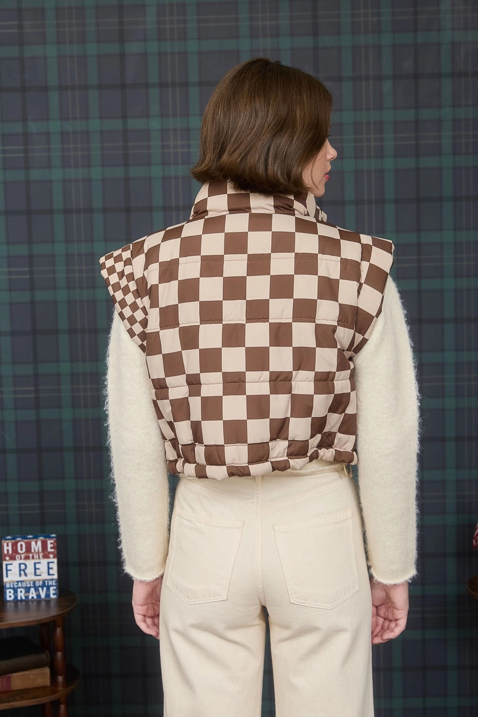 Checkered Cropped Puffer Vest – Brown Beige
