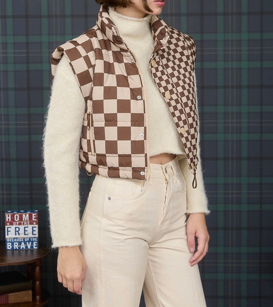 Checkered Cropped Puffer Vest – Brown Beige