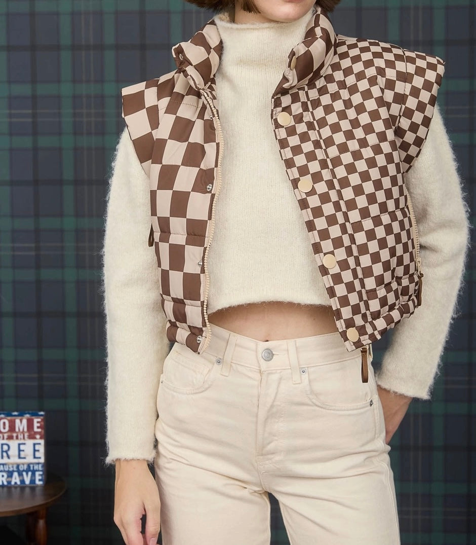 Checkered Cropped Puffer Vest – Brown Beige