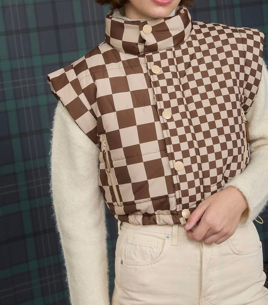 Checkered Cropped Puffer Vest – Brown Beige