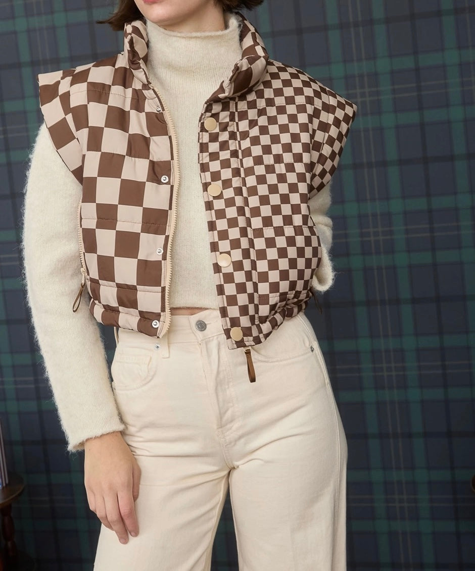 Checkered Cropped Puffer Vest – Brown Beige