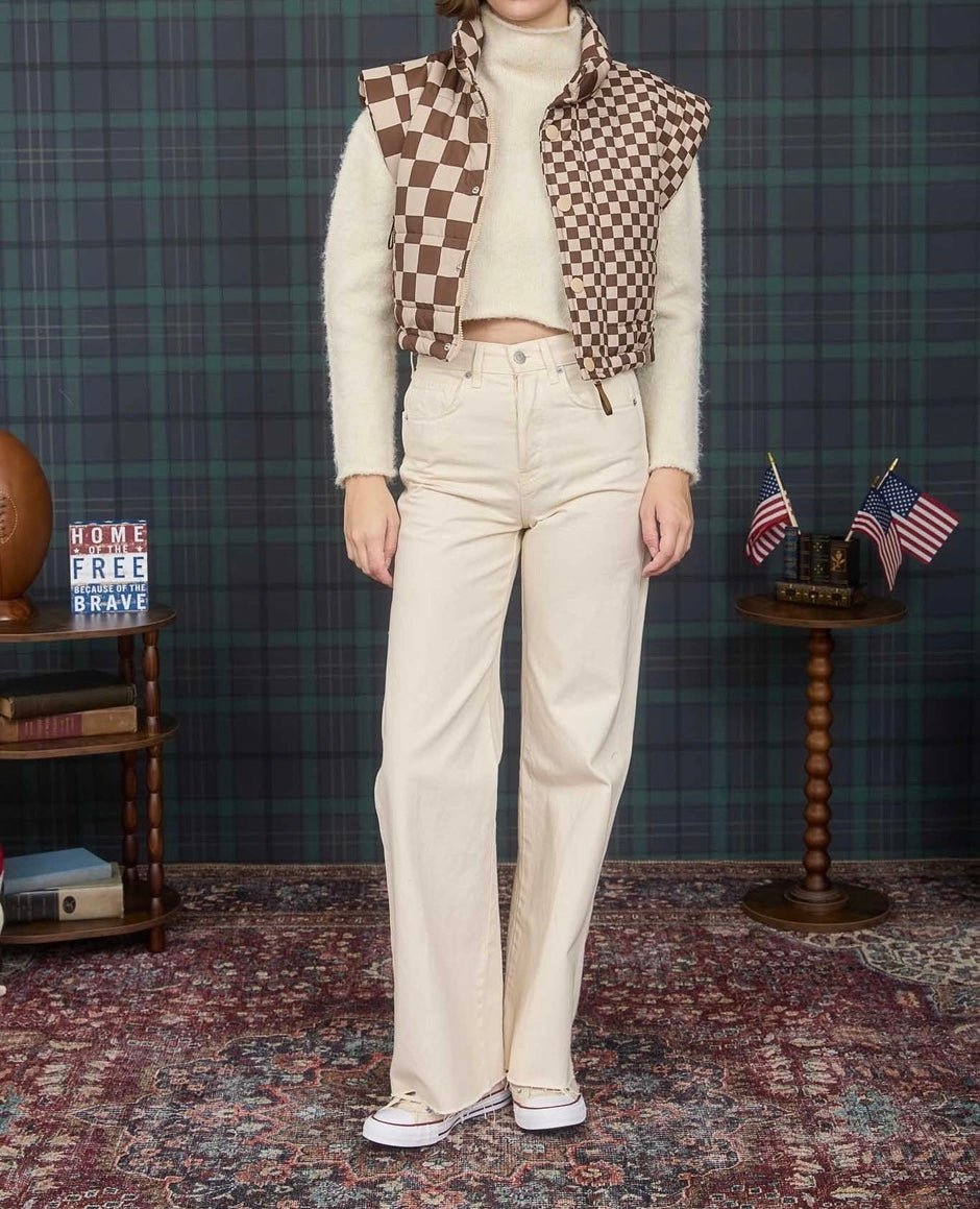 Checkered Cropped Puffer Vest – Brown Beige