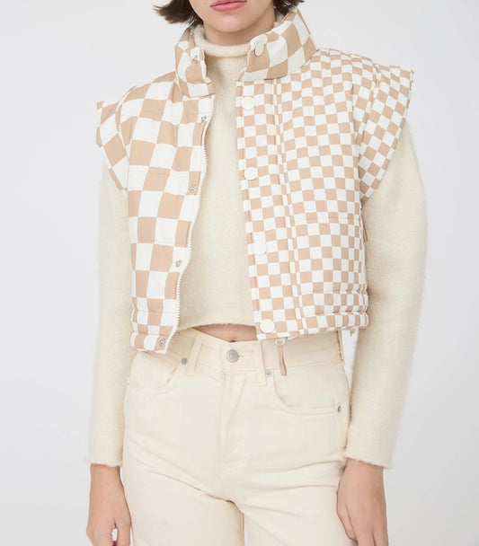 Checkered Cropped Quilted Puffer Vest – Khaki