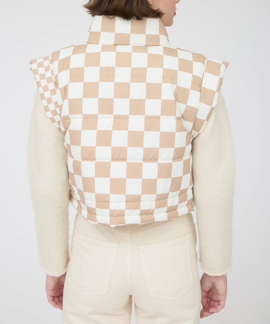 Checkered Cropped Quilted Puffer Vest – Khaki