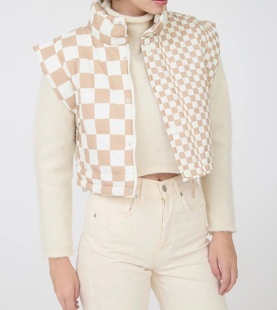 Checkered Cropped Quilted Puffer Vest – Khaki