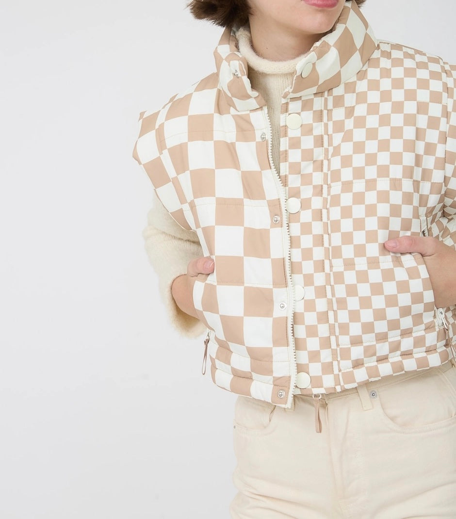 Checkered Cropped Quilted Puffer Vest – Khaki