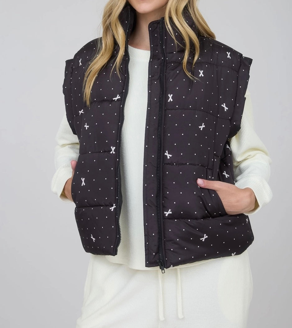 Polka Dot Bow Zip-Up Puffer Vest – Black