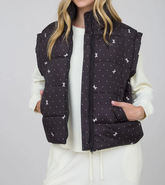 Polka Dot Bow Zip-Up Puffer Vest – Black
