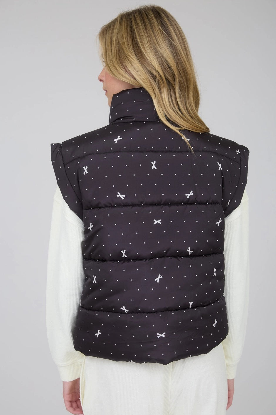 Polka Dot Bow Zip-Up Puffer Vest – Black