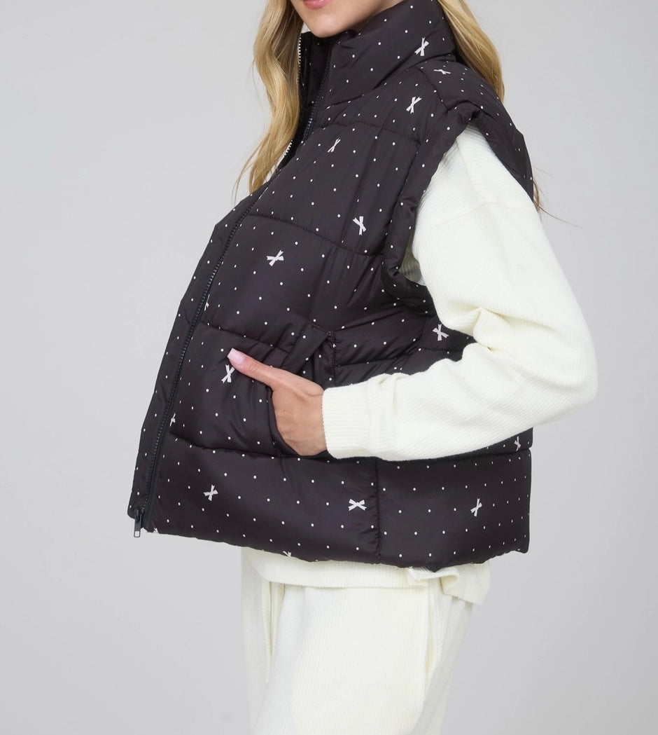 Polka Dot Bow Zip-Up Puffer Vest – Black