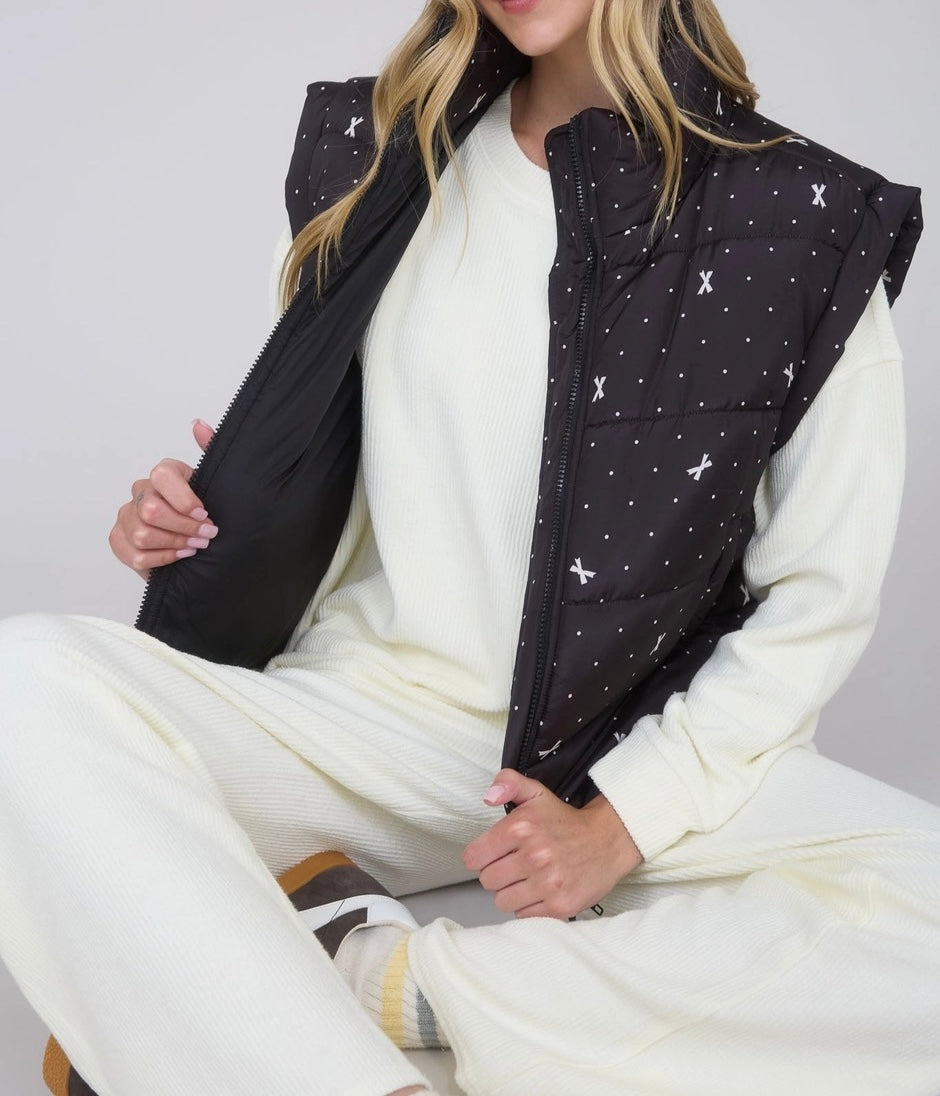 Polka Dot Bow Zip-Up Puffer Vest – Black