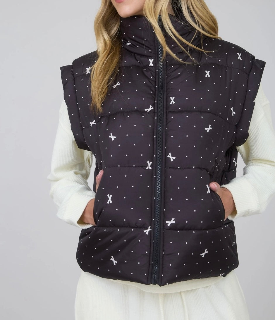 Polka Dot Bow Zip-Up Puffer Vest – Black