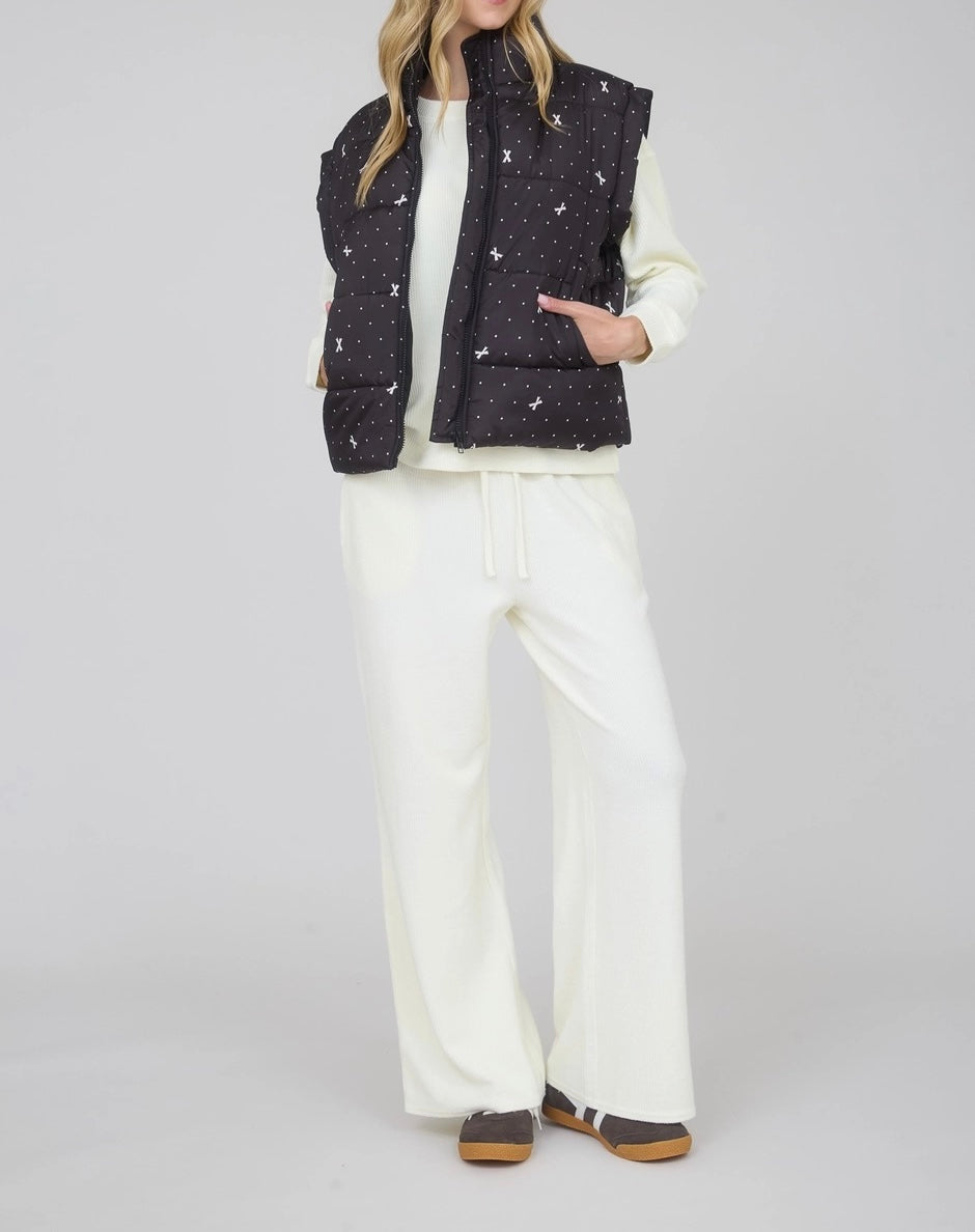 Polka Dot Bow Zip-Up Puffer Vest – Black