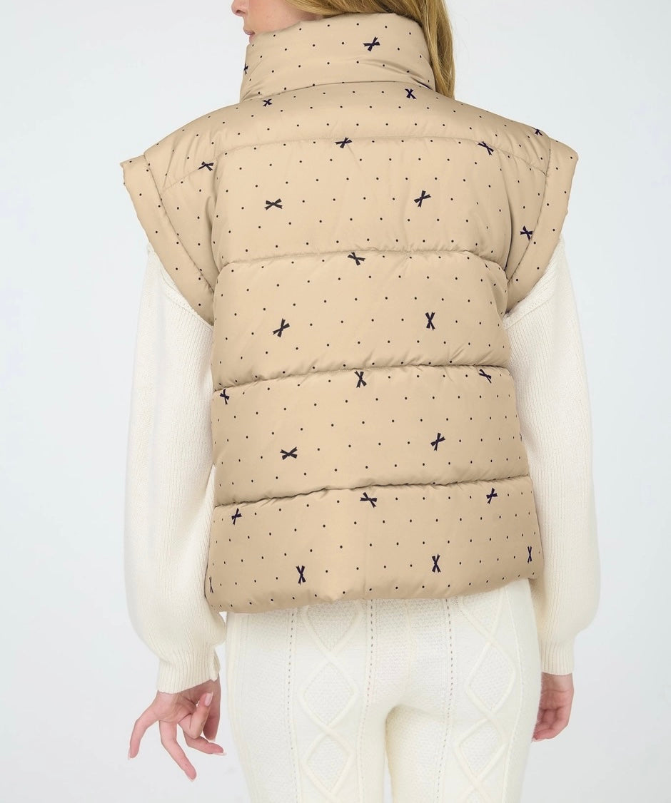 Polka Dot Bow Pattern Zip-Up Puffer Vest (Light Khaki)