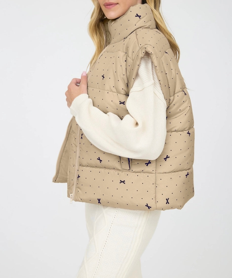 Polka Dot Bow Pattern Zip-Up Puffer Vest (Light Khaki)