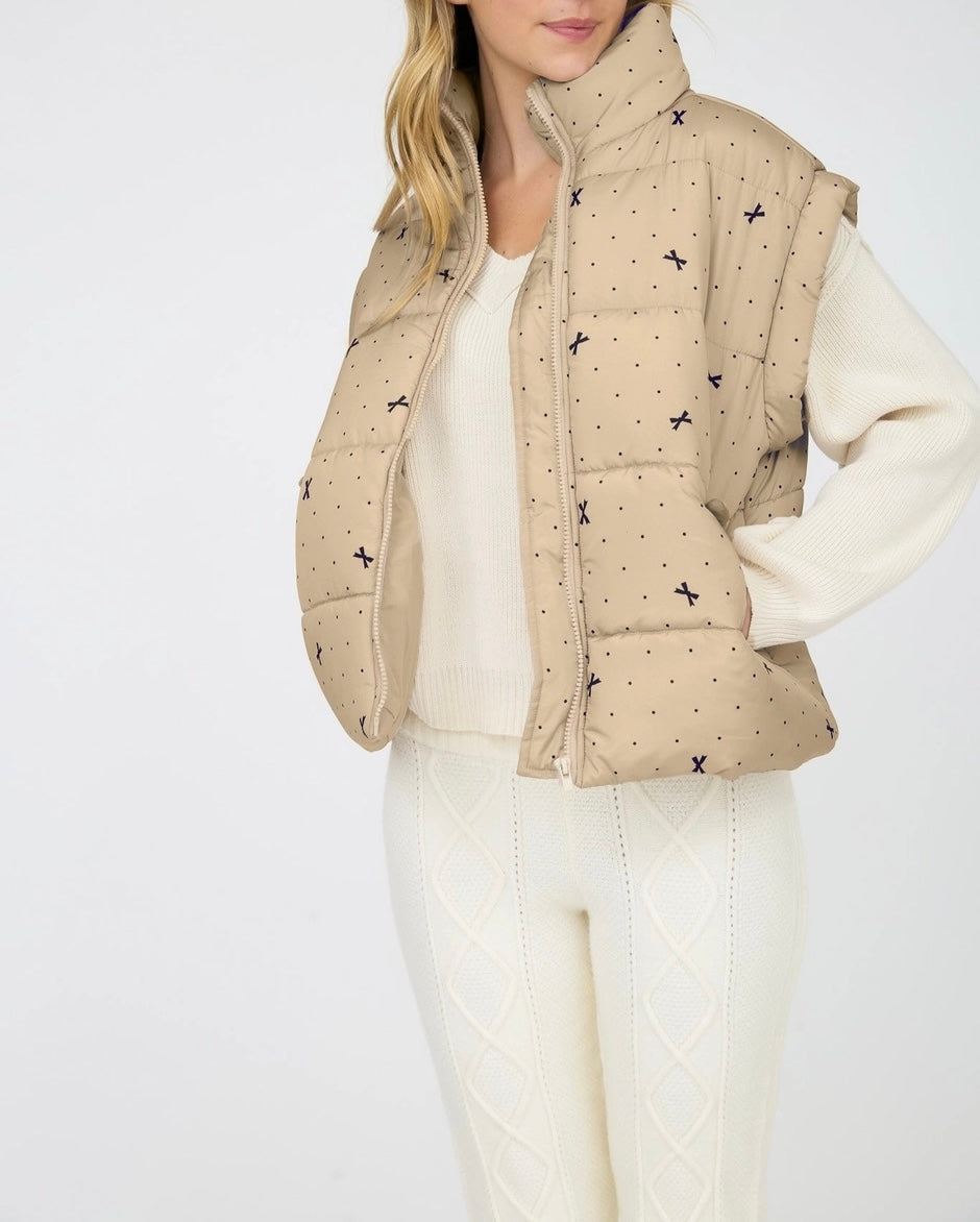 Polka Dot Bow Pattern Zip-Up Puffer Vest (Light Khaki)