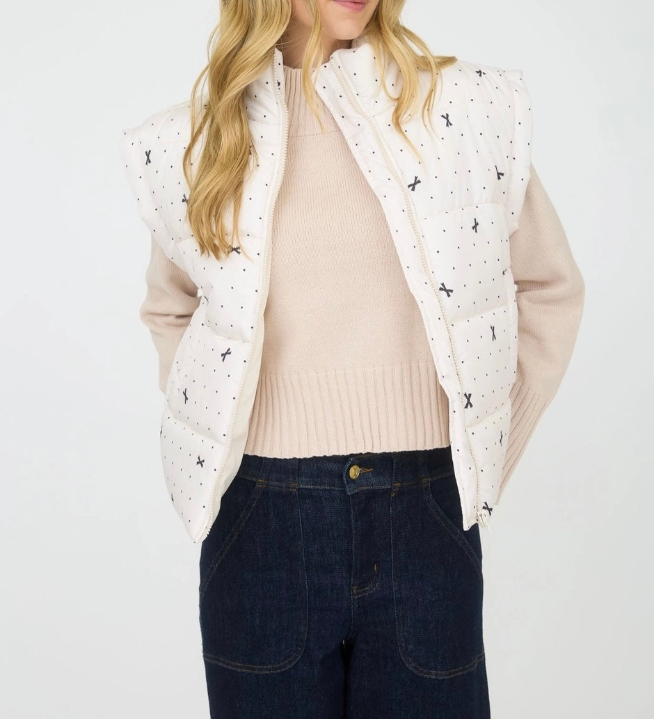 Ivory Polka Dot Bow Zip-Up Puffer Vest