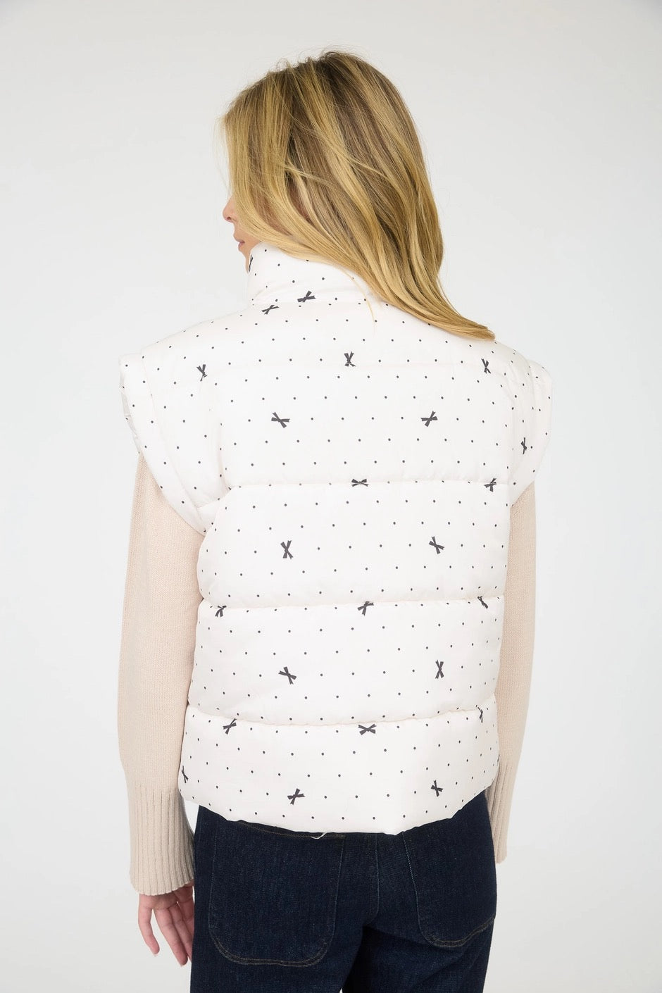 Ivory Polka Dot Bow Zip-Up Puffer Vest