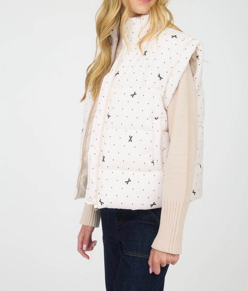 Ivory Polka Dot Bow Zip-Up Puffer Vest