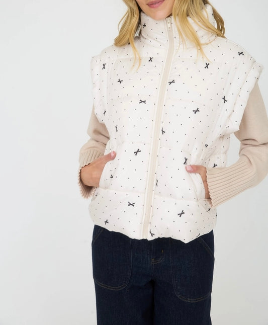 Ivory Polka Dot Bow Zip-Up Puffer Vest