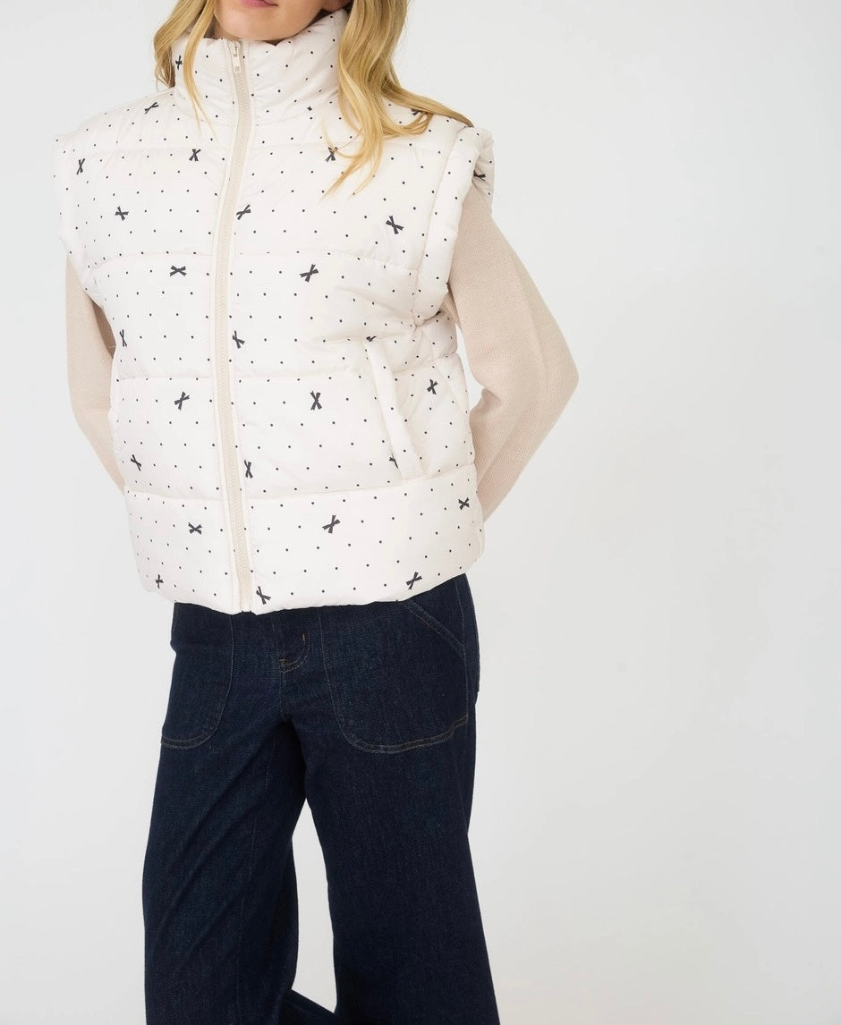Ivory Polka Dot Bow Zip-Up Puffer Vest