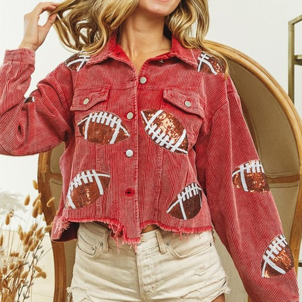 Football Sequin Washed Corduroy Jacket (Red) - Sold Out