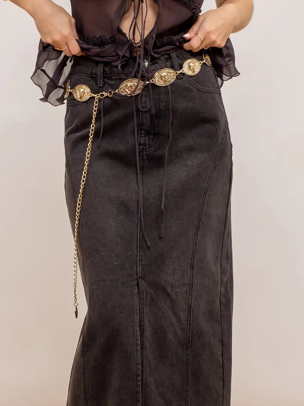 Blu Pepper Paneled Denim Midi Skirt