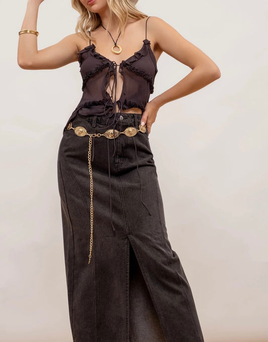Blu Pepper Paneled Denim Midi Skirt