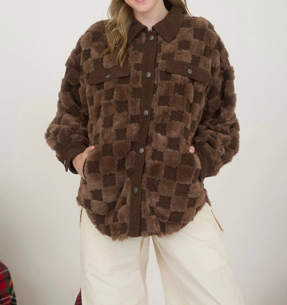 Checkered Faux Shearling Button Down Shacket - Sold out
