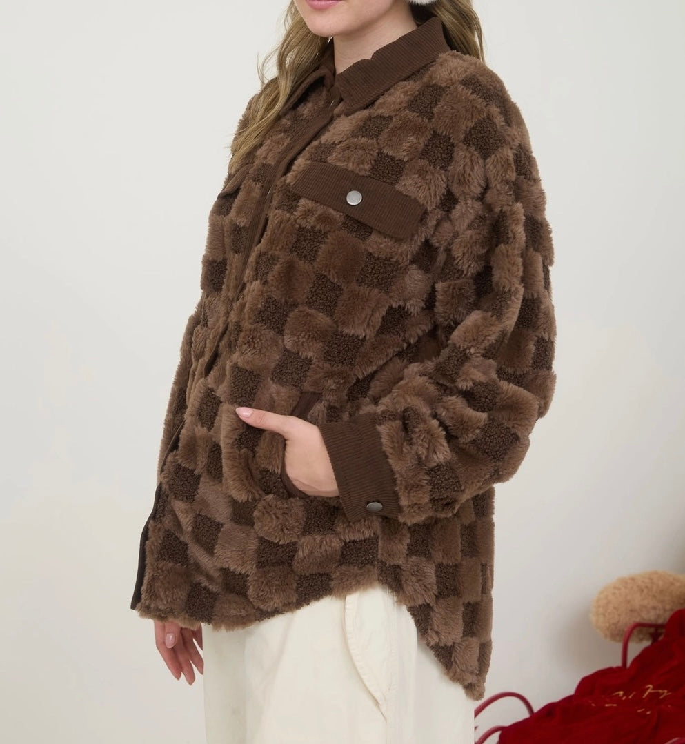 Checkered Faux Shearling Button Down Shacket - Sold out